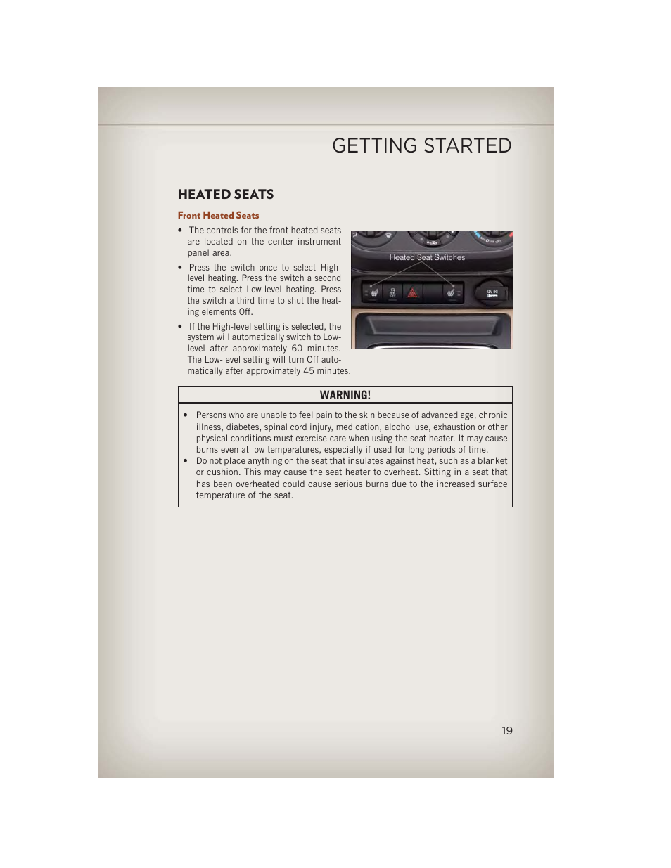 Heated seats, Front heated seats, Getting started | Jeep 2013 Compass - User Guide User Manual | Page 21 / 116