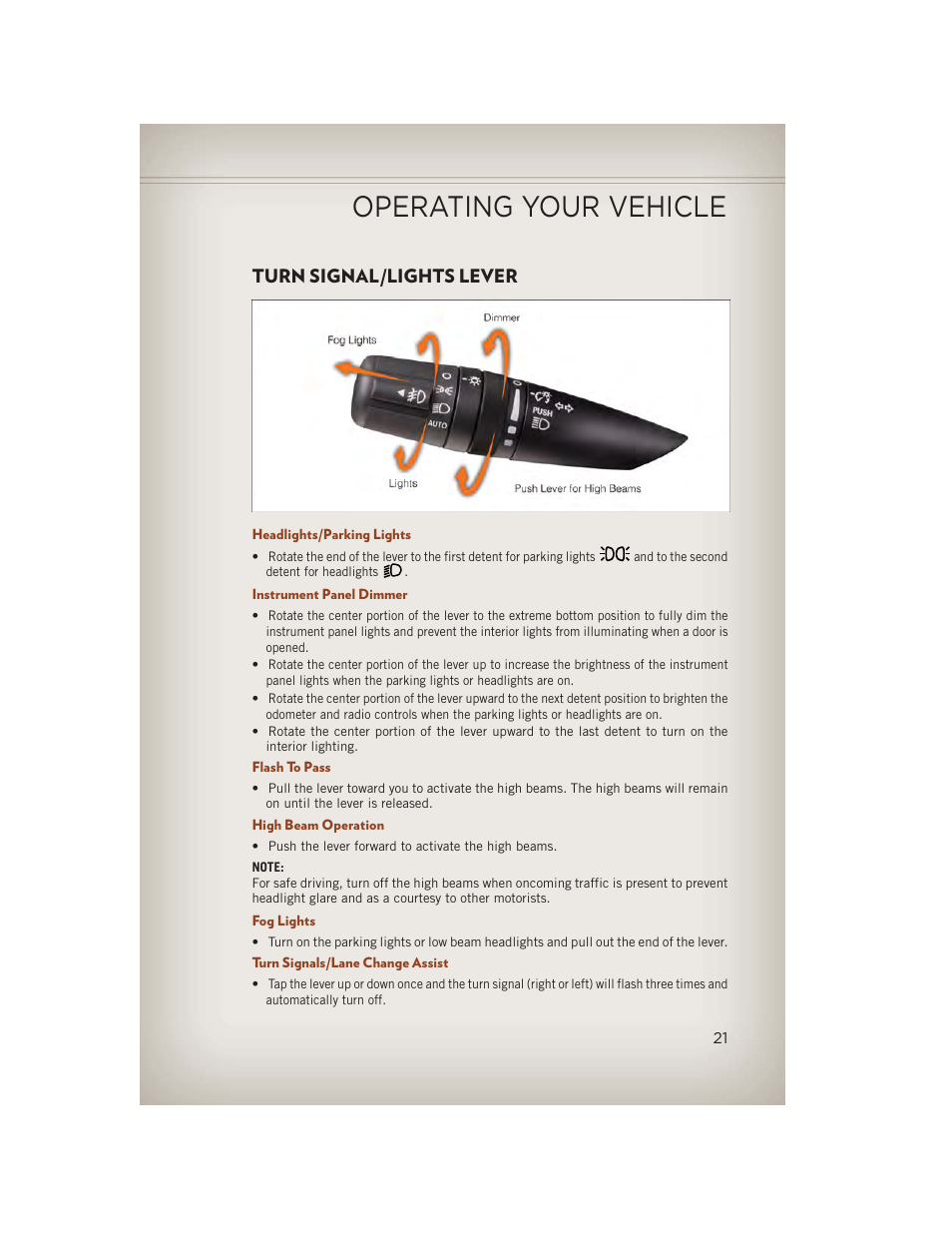 Turn signal/lights lever, Headlights/parking lights, Instrument panel dimmer | Flash to pass, High beam operation, Fog lights, Turn signals/lane change assist, Operating your vehicle | Jeep 2013 Compass - User Guide User Manual | Page 23 / 116