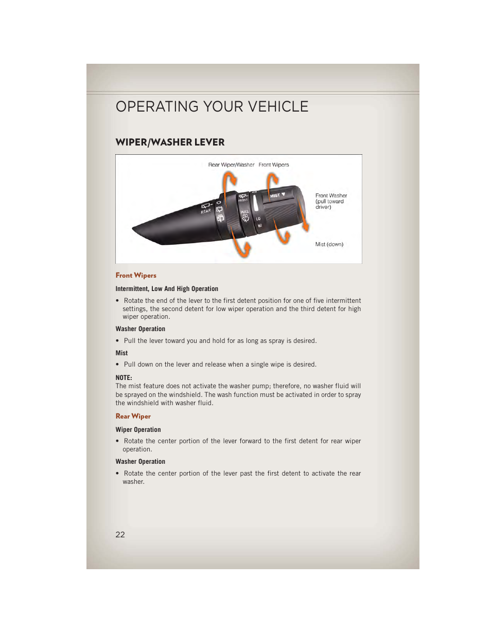 Wiper/washer lever, Front wipers, Rear wiper | Operating your vehicle | Jeep 2013 Compass - User Guide User Manual | Page 24 / 116