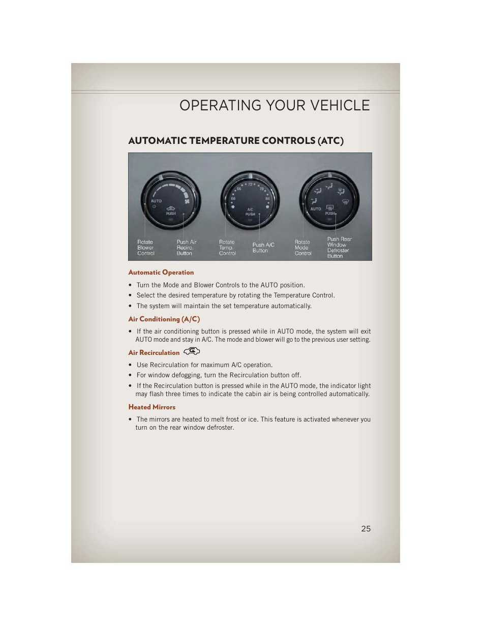 Automatic temperature controls (atc), Automatic operation, Air conditioning (a/c) | Air recirculation, Heated mirrors, Operating your vehicle | Jeep 2013 Compass - User Guide User Manual | Page 27 / 116