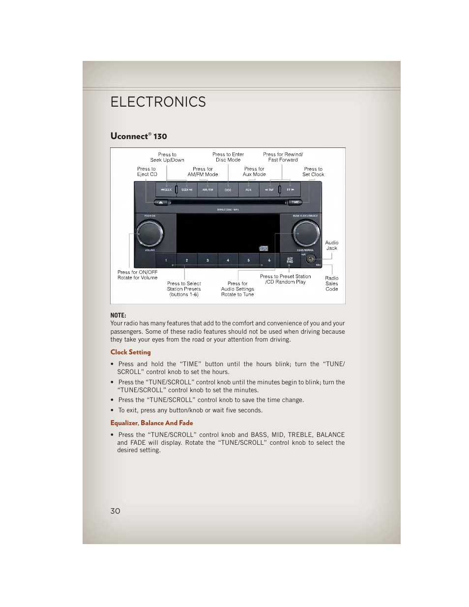Uconnect® 130, Clock setting, Equalizer, balance and fade | Uconnect, Electronics | Jeep 2013 Compass - User Guide User Manual | Page 32 / 116