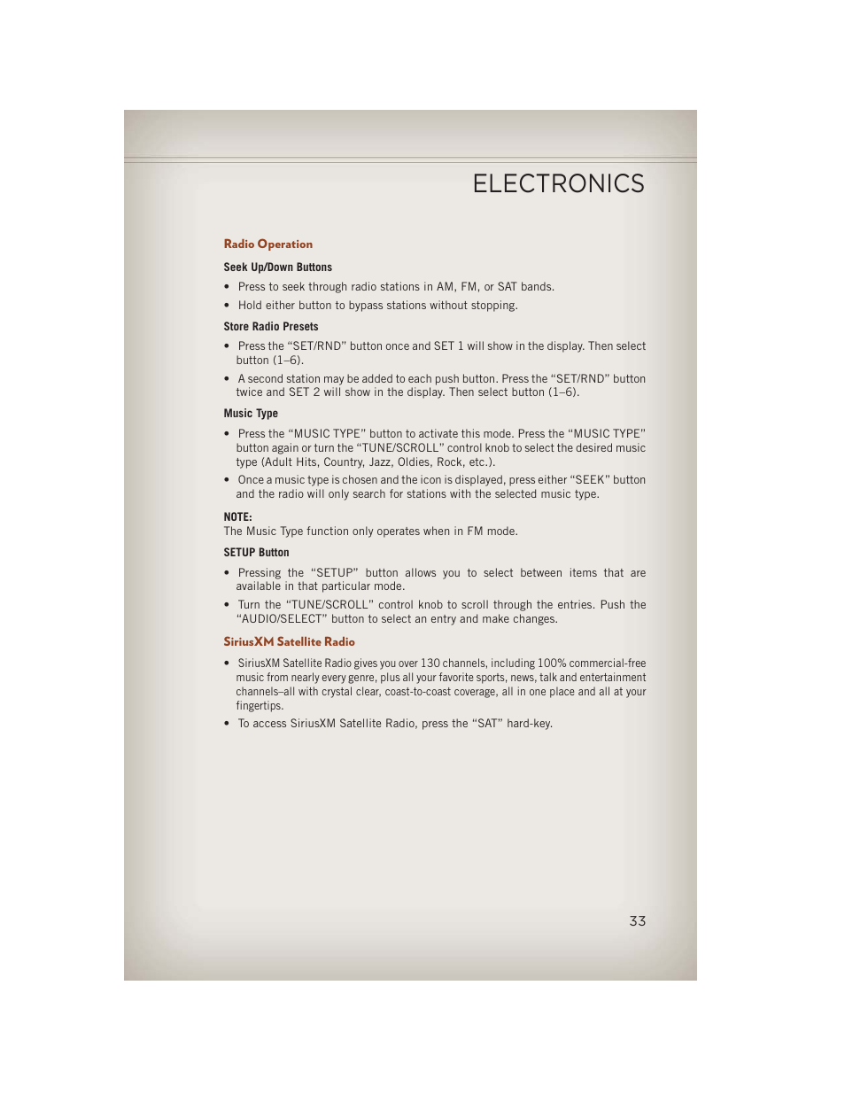 Radio operation, Siriusxm satellite radio, Electronics | Jeep 2013 Compass - User Guide User Manual | Page 35 / 116
