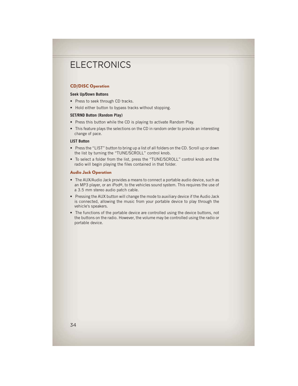 Cd/disc operation, Audio jack operation, Electronics | Jeep 2013 Compass - User Guide User Manual | Page 36 / 116