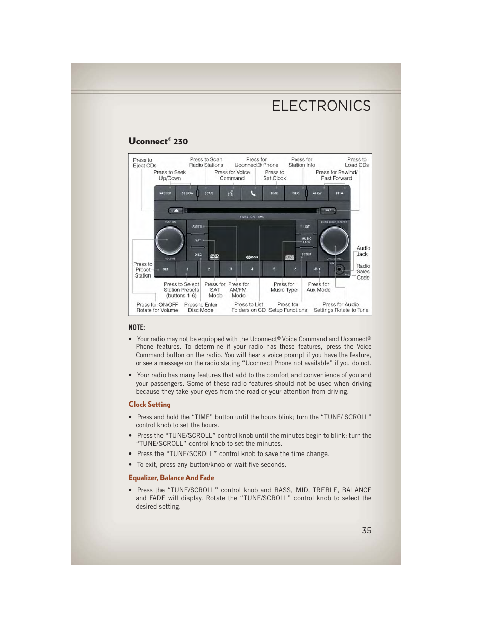 Uconnect® 230, Clock setting, Equalizer, balance and fade | Uconnect, Electronics | Jeep 2013 Compass - User Guide User Manual | Page 37 / 116