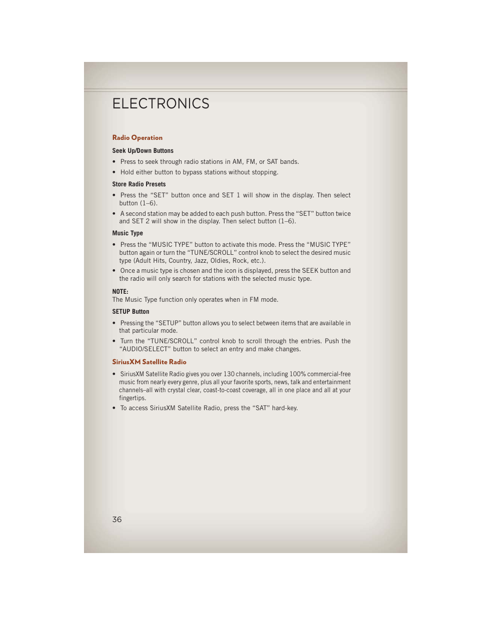 Radio operation, Siriusxm satellite radio, Electronics | Jeep 2013 Compass - User Guide User Manual | Page 38 / 116