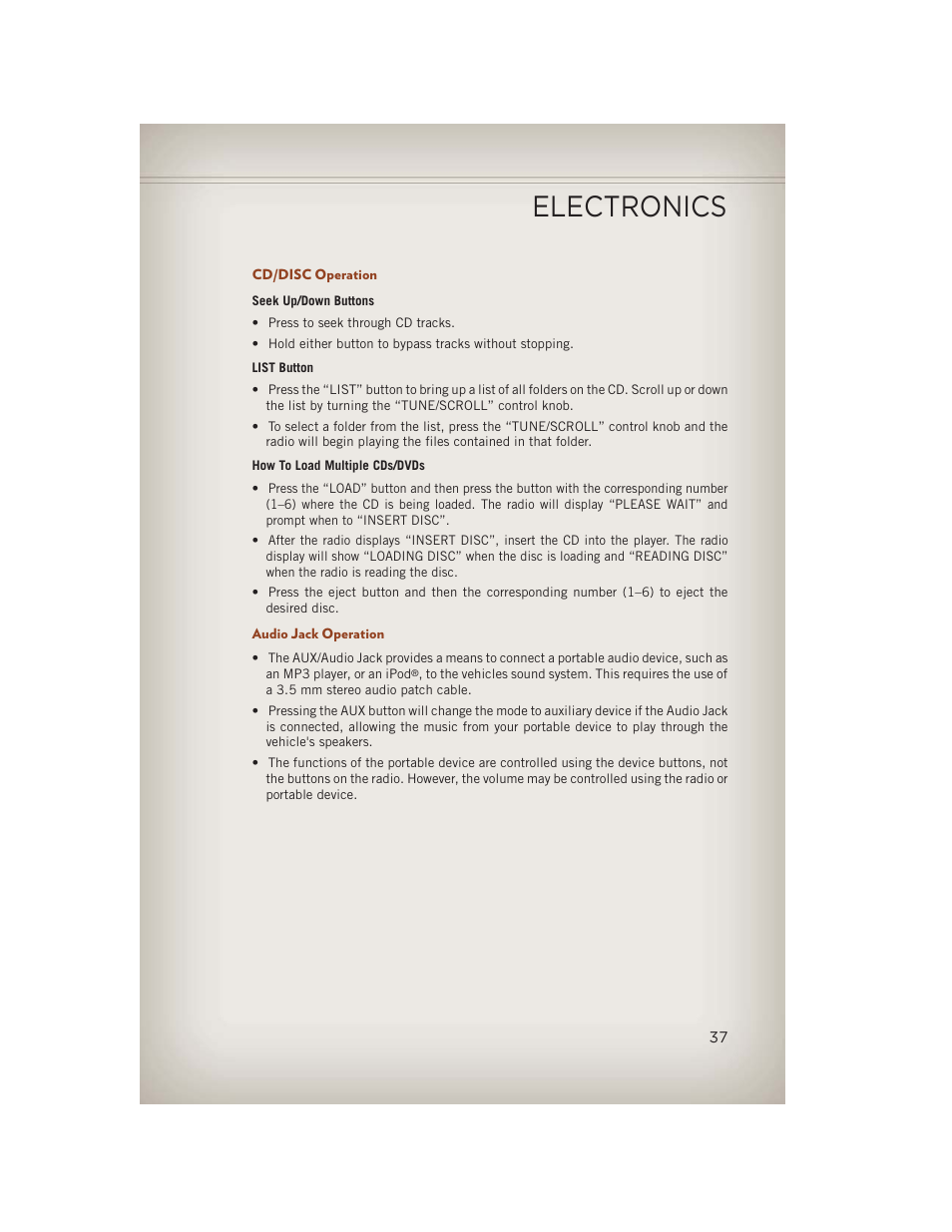 Cd/disc operation, Audio jack operation, Electronics | Jeep 2013 Compass - User Guide User Manual | Page 39 / 116