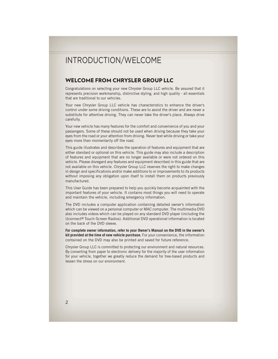 Introduction/welcome, Welcome from chrysler group llc | Jeep 2013 Compass - User Guide User Manual | Page 4 / 116