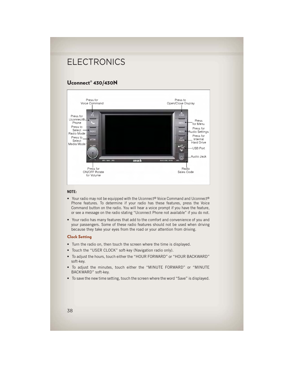 Uconnect® 430/430n, Clock setting, Uconnect | 430/430n, Electronics | Jeep 2013 Compass - User Guide User Manual | Page 40 / 116
