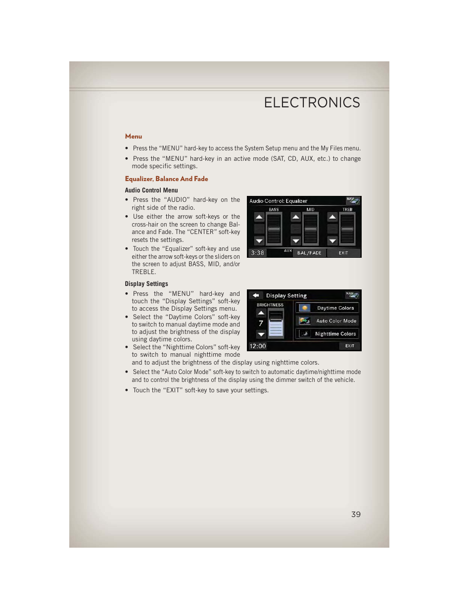 Menu, Equalizer, balance and fade, Electronics | Jeep 2013 Compass - User Guide User Manual | Page 41 / 116