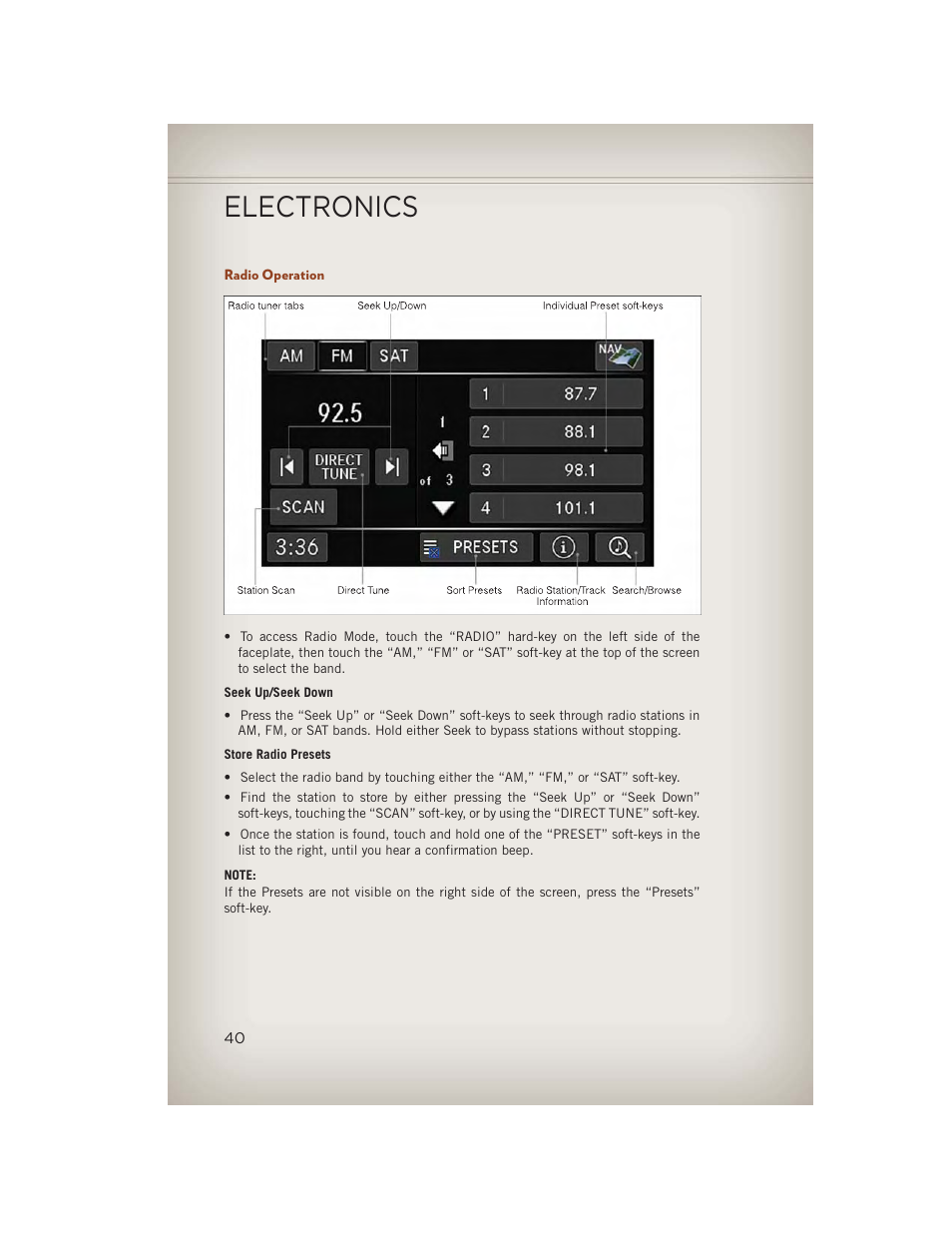 Radio operation, Electronics | Jeep 2013 Compass - User Guide User Manual | Page 42 / 116