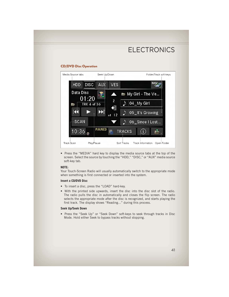 Cd/dvd disc operation, Electronics | Jeep 2013 Compass - User Guide User Manual | Page 43 / 116