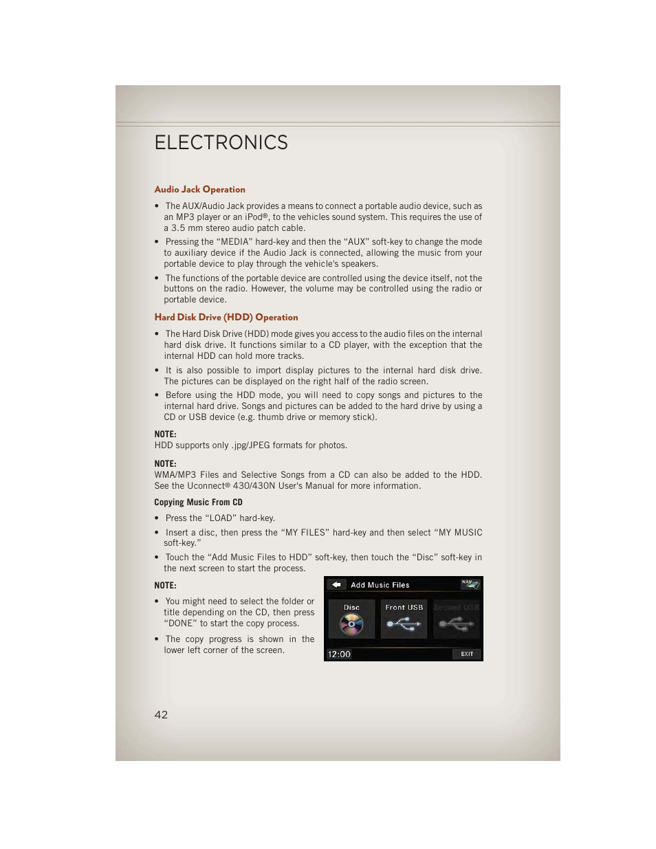 Audio jack operation, Hard disk drive (hdd) operation, Electronics | Jeep 2013 Compass - User Guide User Manual | Page 44 / 116