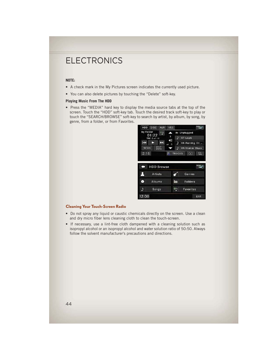 Cleaning your touch-screen radio, Electronics | Jeep 2013 Compass - User Guide User Manual | Page 46 / 116