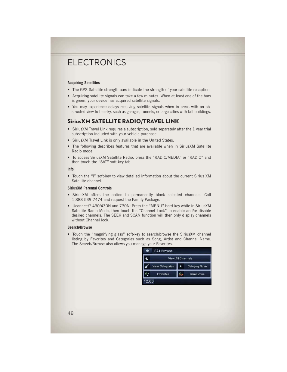 Siriusxm satellite radio/travel link, Electronics | Jeep 2013 Compass - User Guide User Manual | Page 50 / 116