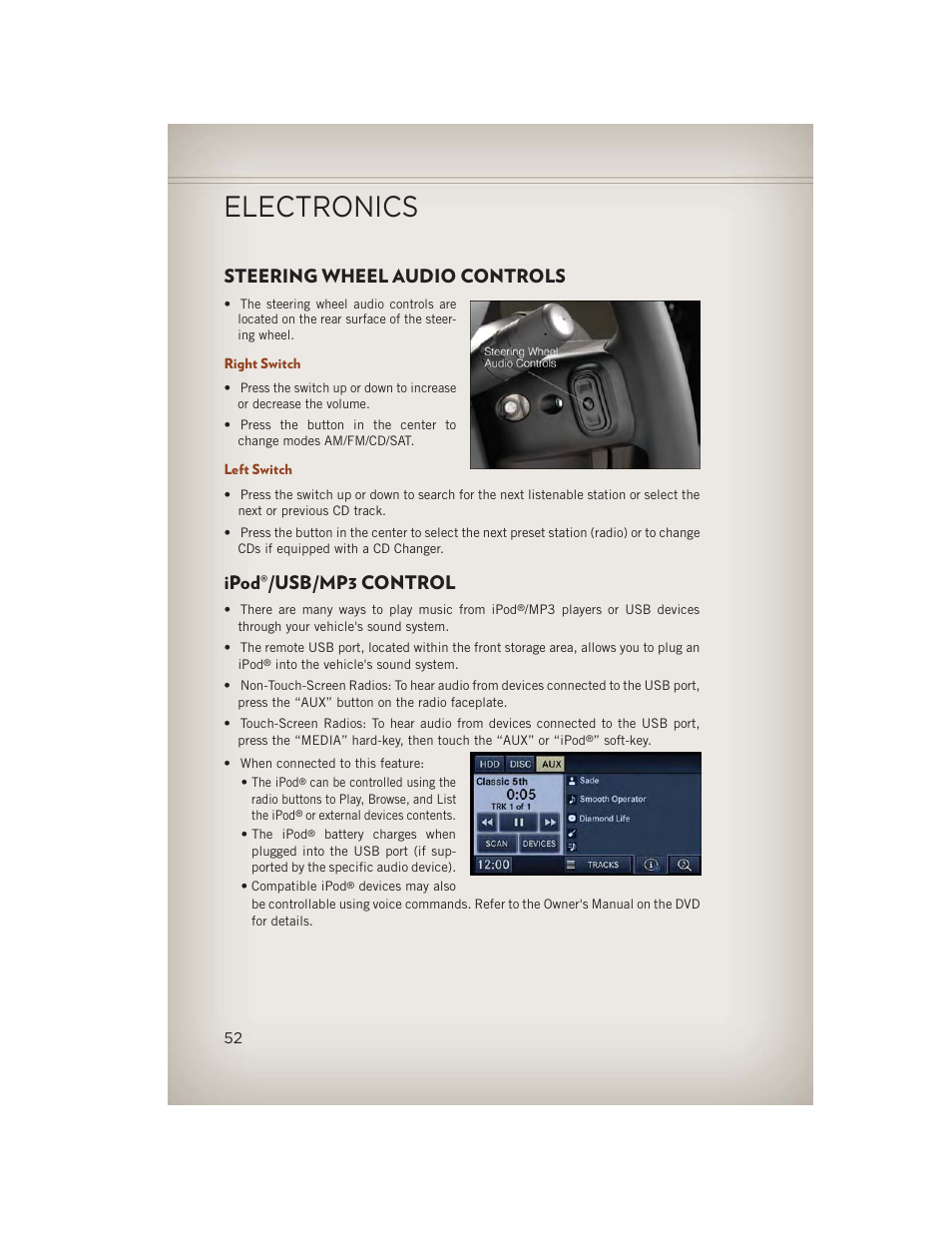 Steering wheel audio controls, Right switch, Left switch | Ipod®/usb/mp3 control, Steering wheel audio controls ipod, Usb/mp3 control, Electronics | Jeep 2013 Compass - User Guide User Manual | Page 54 / 116