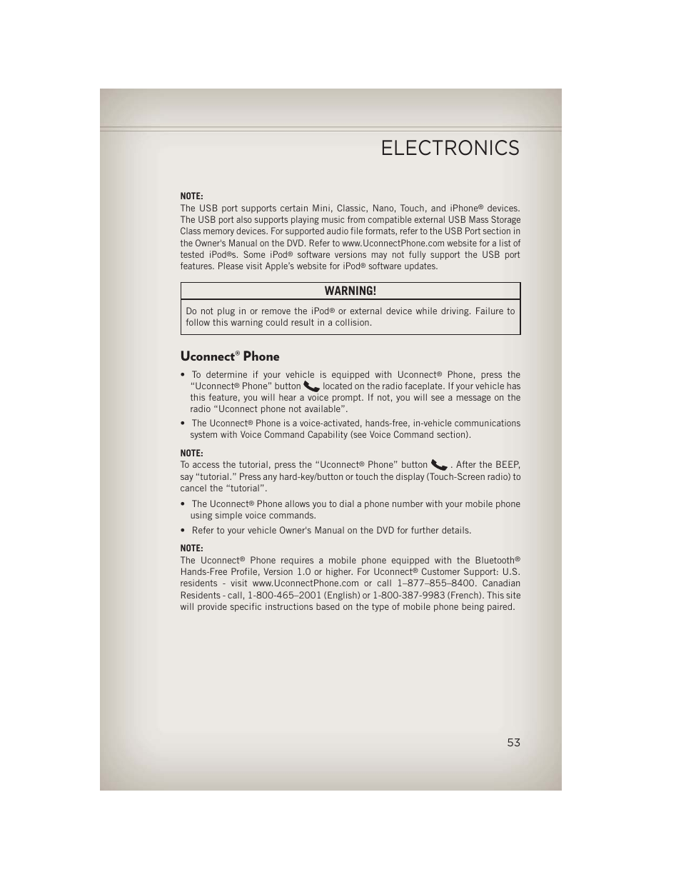 Uconnect® phone, Uconnect, Phone | Electronics, Warning | Jeep 2013 Compass - User Guide User Manual | Page 55 / 116