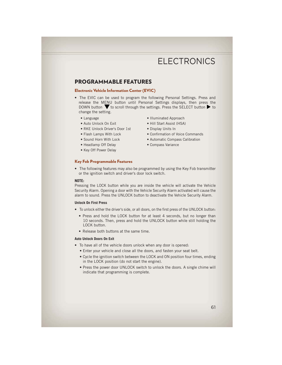 Programmable features, Electronic vehicle information center (evic), Key fob programmable features | Electronics | Jeep 2013 Compass - User Guide User Manual | Page 63 / 116