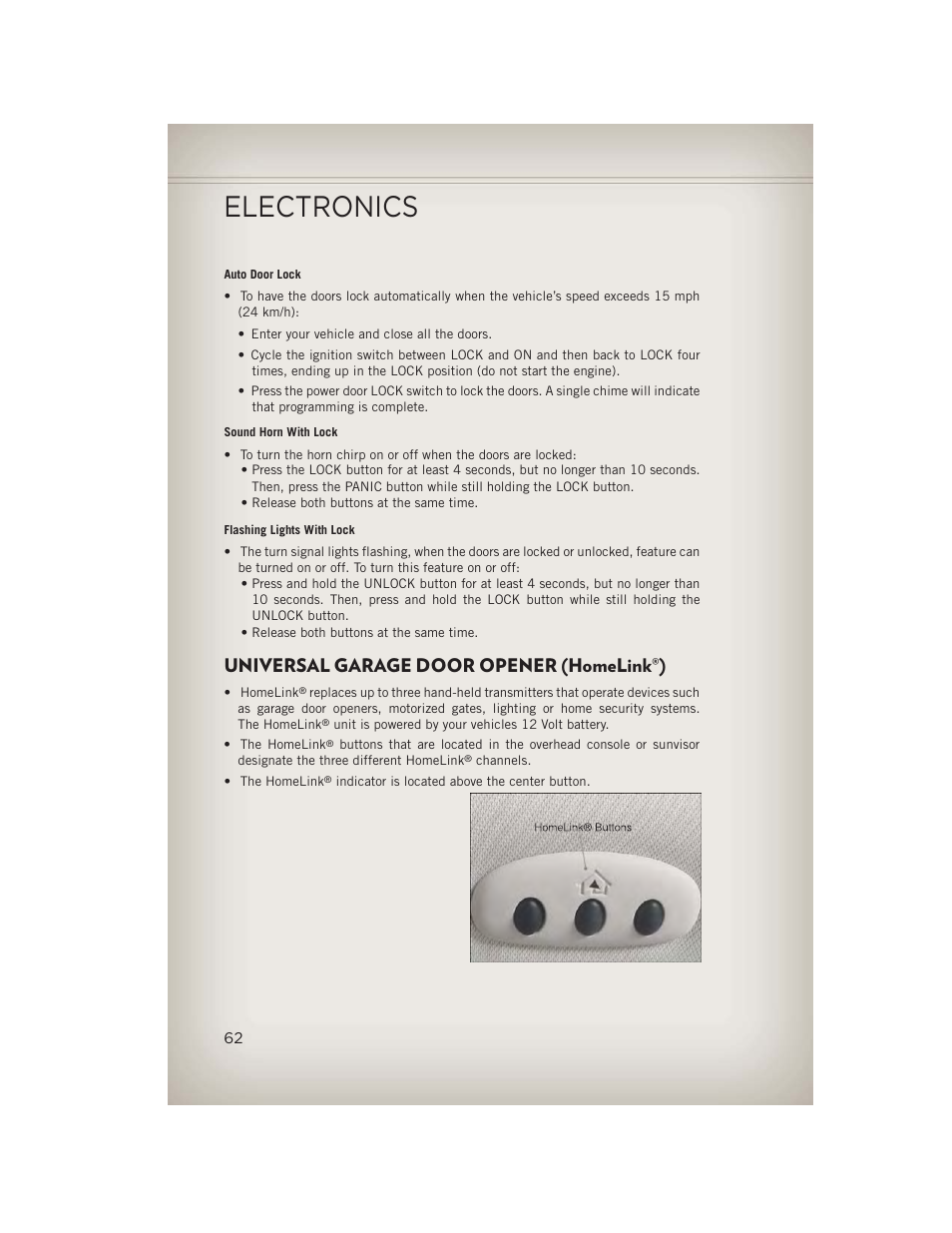 Universal garage door opener (homelink®), Universal garage door opener (homelink, Electronics | Jeep 2013 Compass - User Guide User Manual | Page 64 / 116