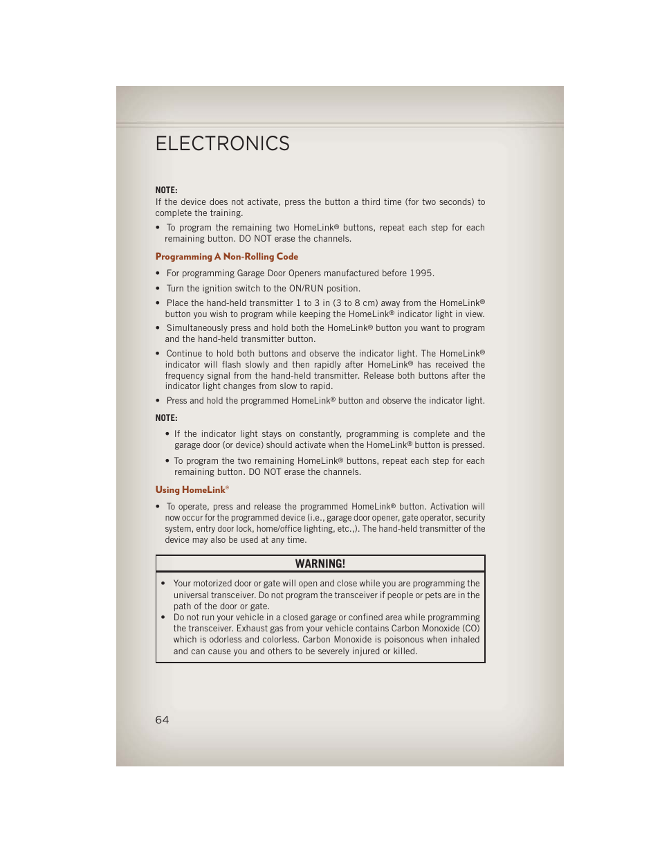 Programming a non-rolling code, Using homelink, Electronics | Warning | Jeep 2013 Compass - User Guide User Manual | Page 66 / 116