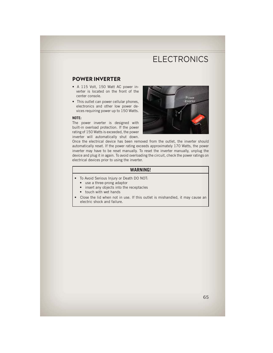 Power inverter, Electronics | Jeep 2013 Compass - User Guide User Manual | Page 67 / 116