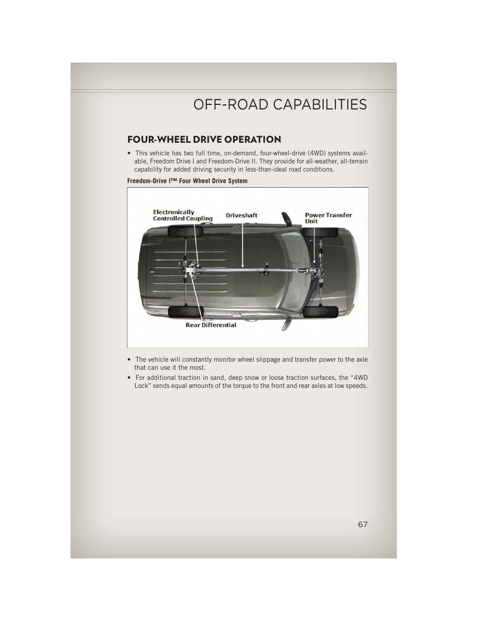 Off-road capabilities, Four-wheel drive operation | Jeep 2013 Compass - User Guide User Manual | Page 69 / 116