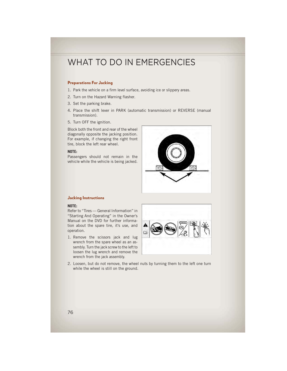 Preparations for jacking, Jacking instructions, What to do in emergencies | Jeep 2013 Compass - User Guide User Manual | Page 78 / 116