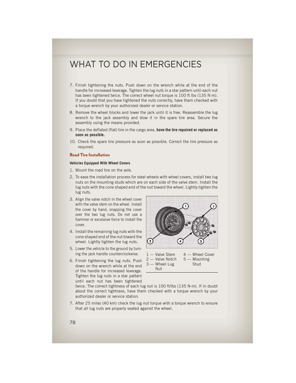 Road tire installation, What to do in emergencies | Jeep 2013 Compass - User Guide User Manual | Page 80 / 116