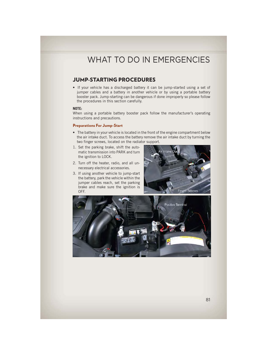 Jump-starting procedures, Preparations for jump-start, What to do in emergencies | Jeep 2013 Compass - User Guide User Manual | Page 83 / 116