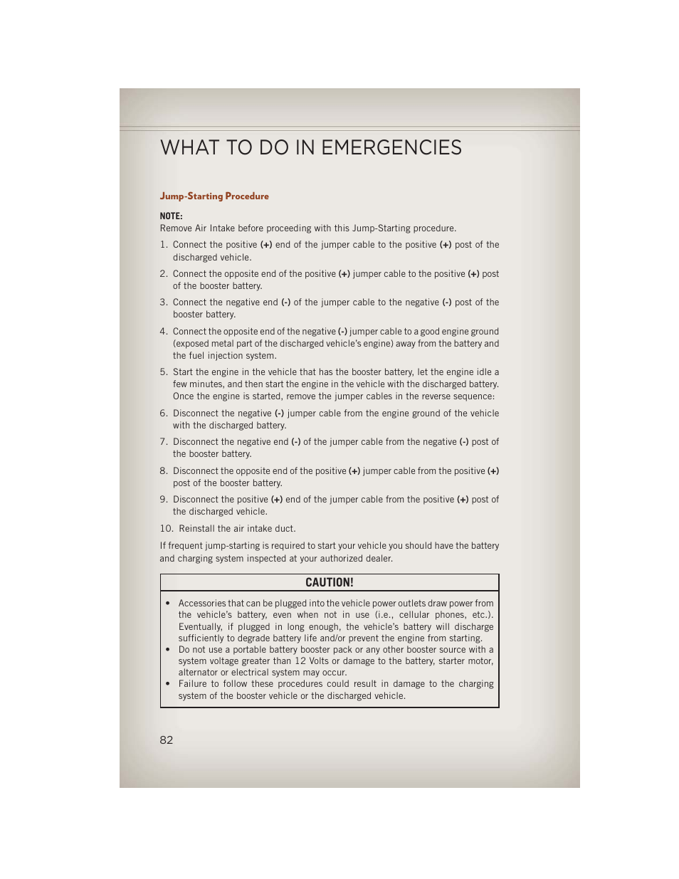 Jump-starting procedure, What to do in emergencies | Jeep 2013 Compass - User Guide User Manual | Page 84 / 116
