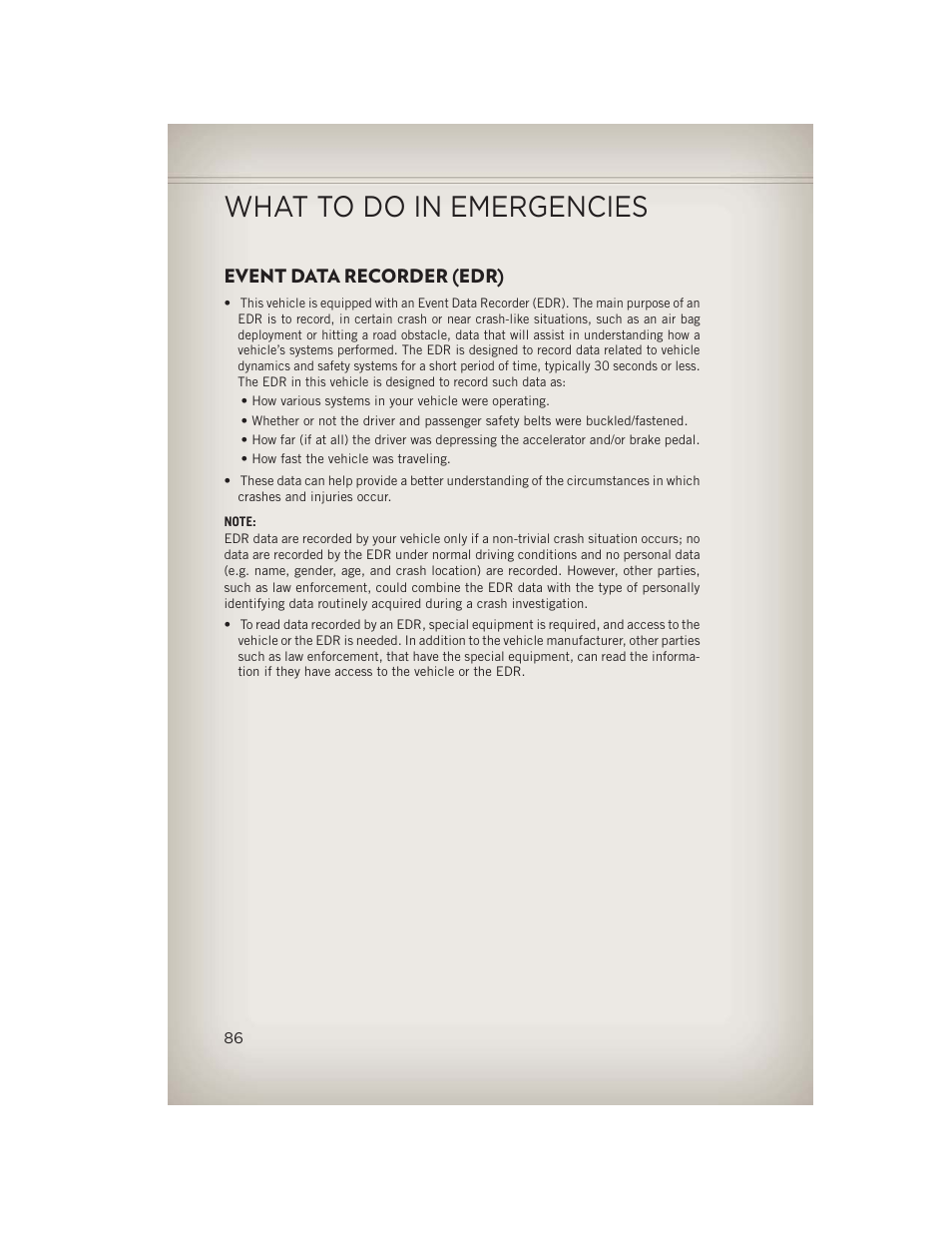 Event data recorder (edr), What to do in emergencies | Jeep 2013 Compass - User Guide User Manual | Page 88 / 116