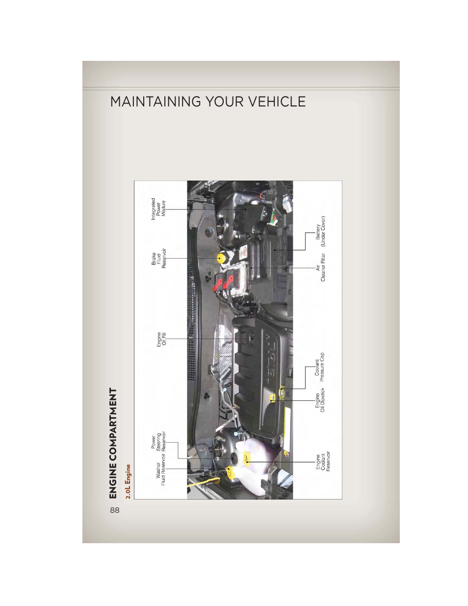 Engine compartment, 0l engine, Maintaining your vehicle | Jeep 2013 Compass - User Guide User Manual | Page 90 / 116