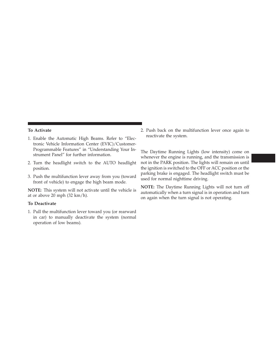 To activate, To deactivate, Daytime running lights — if equipped | Jeep 2013 Grand Cherokee SRT - Owner Manual User Manual | Page 199 / 641