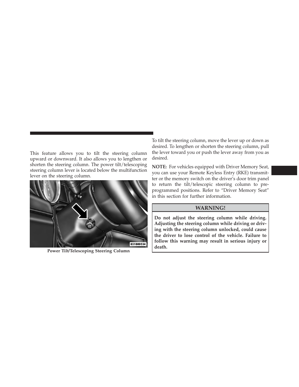 Power tilt/telescoping steering, Column — if equipped | Jeep 2013 Grand Cherokee SRT - Owner Manual User Manual | Page 213 / 641