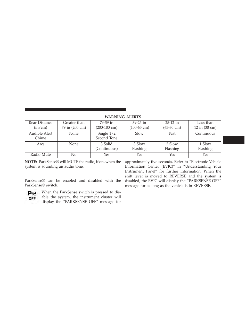 Enabling and disabling parksense | Jeep 2013 Grand Cherokee SRT - Owner Manual User Manual | Page 251 / 641