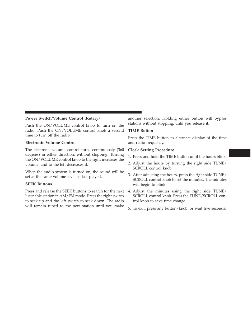 Power switch/volume control (rotary), Electronic volume control, Seek buttons | Time button, Clock setting procedure | Jeep 2013 Grand Cherokee SRT - Owner Manual User Manual | Page 351 / 641