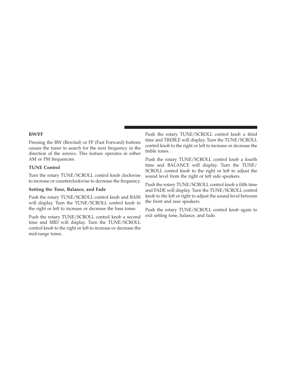 Rw/ff, Tune control, Setting the tone, balance, and fade | Jeep 2013 Grand Cherokee SRT - Owner Manual User Manual | Page 352 / 641