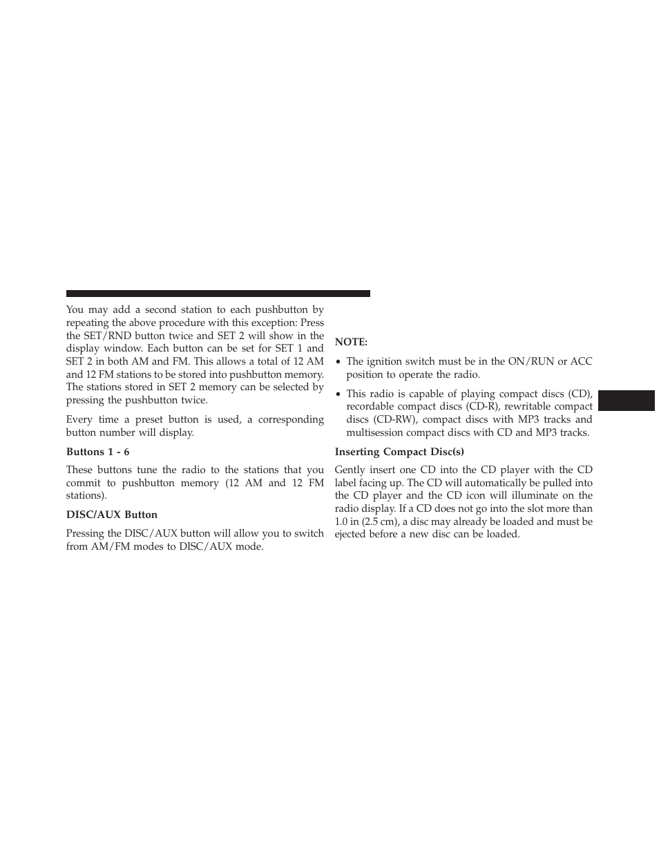 Buttons 1 - 6, Disc/aux button, Inserting compact disc(s) | Operation instructions — cd mode for cd, And mp3 audio play | Jeep 2013 Grand Cherokee SRT - Owner Manual User Manual | Page 365 / 641