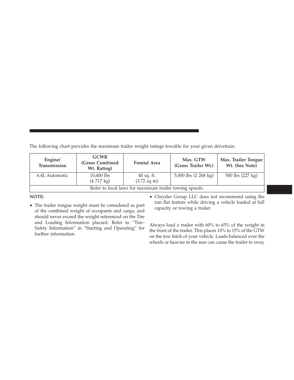 Trailer and tongue weight, Trailer towing weights, Maximum trailer weight ratings) | Jeep 2013 Grand Cherokee SRT - Owner Manual User Manual | Page 511 / 641