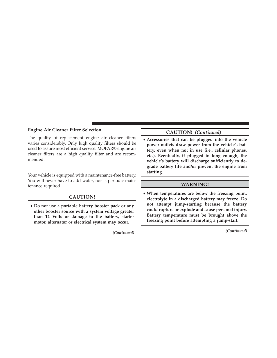 Engine air cleaner filter selection, Maintenance-free battery | Jeep 2013 Grand Cherokee SRT - Owner Manual User Manual | Page 552 / 641