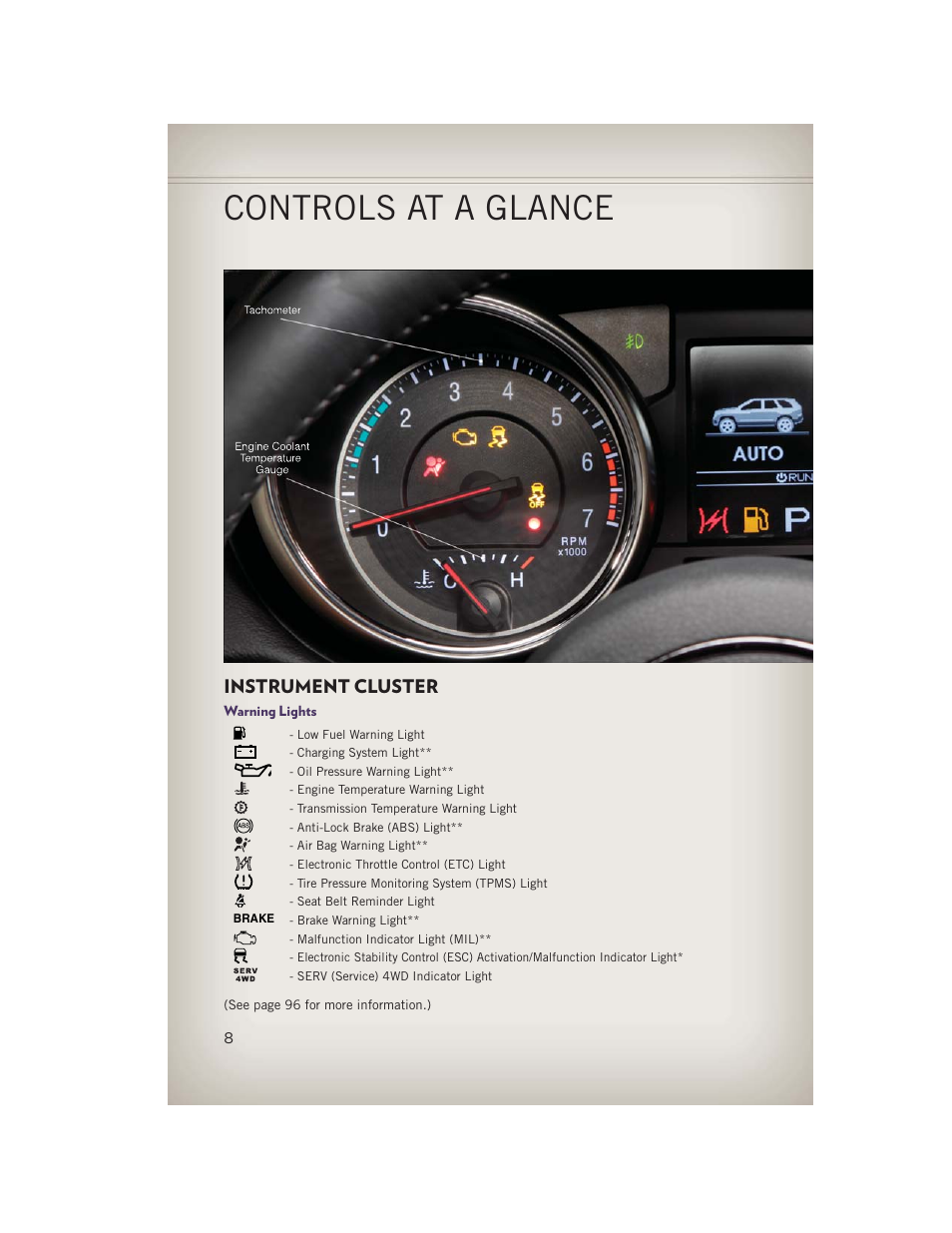 Instrument cluster, Warning lights, Controls at a glance | Jeep 2013 Grand Cherokee - User Guide User Manual | Page 10 / 148