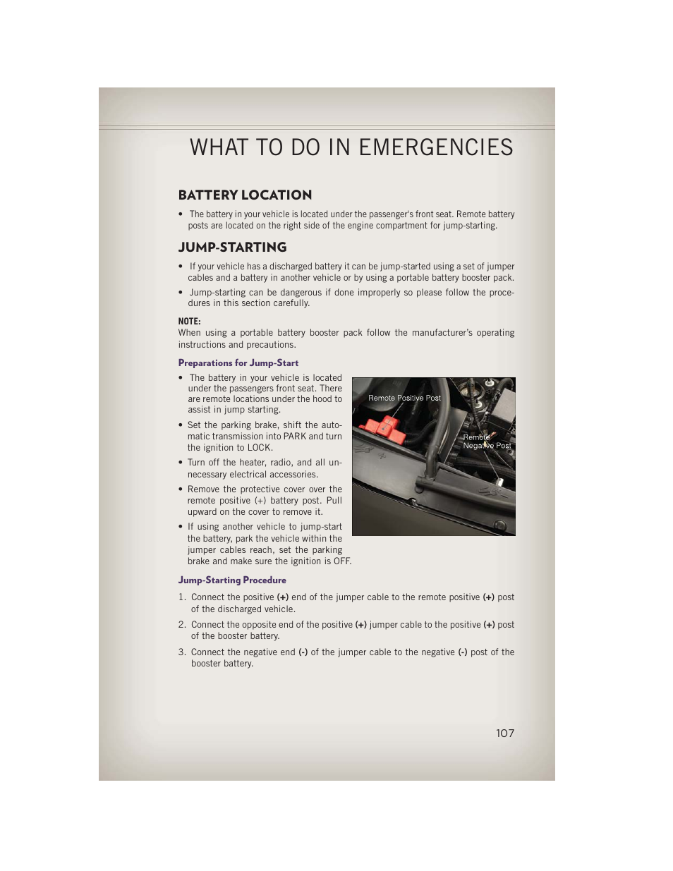 Battery location, Jump-starting, Preparations for jump-start | Jump-starting procedure, What to do in emergencies | Jeep 2013 Grand Cherokee - User Guide User Manual | Page 109 / 148