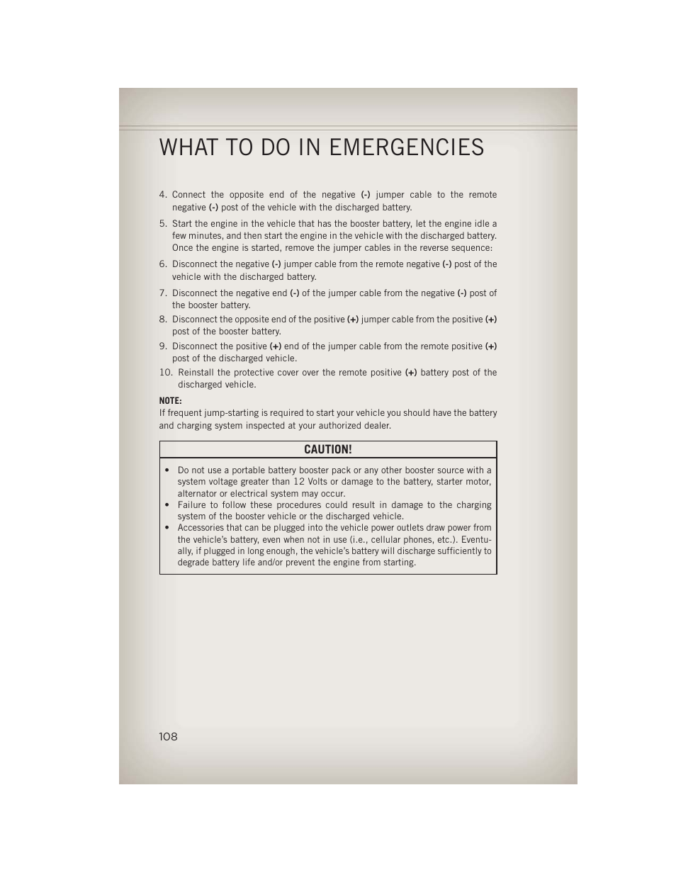 What to do in emergencies | Jeep 2013 Grand Cherokee - User Guide User Manual | Page 110 / 148