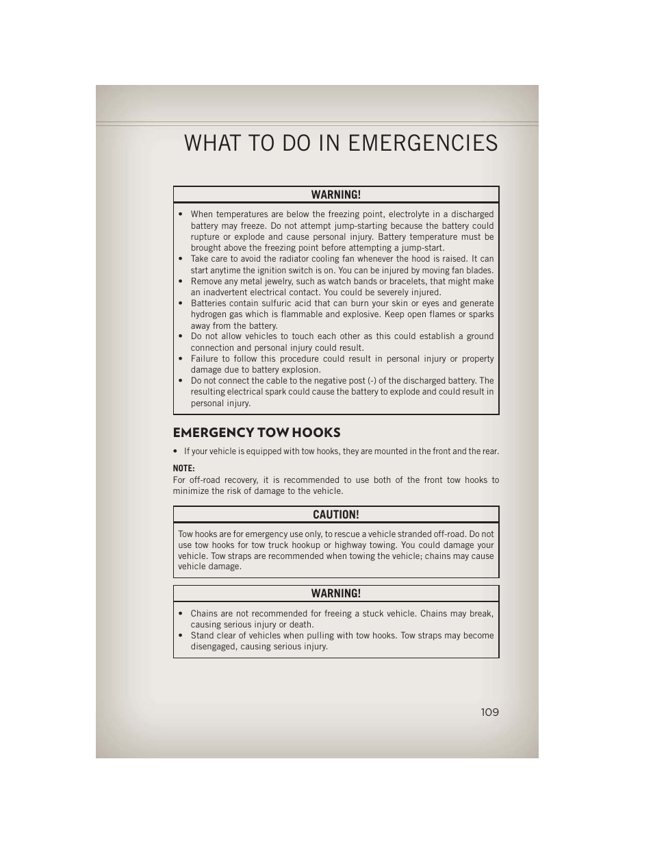 Emergency tow hooks, What to do in emergencies | Jeep 2013 Grand Cherokee - User Guide User Manual | Page 111 / 148