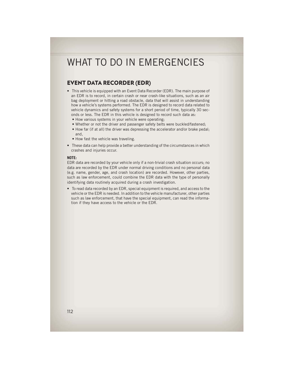 Event data recorder (edr), What to do in emergencies | Jeep 2013 Grand Cherokee - User Guide User Manual | Page 114 / 148
