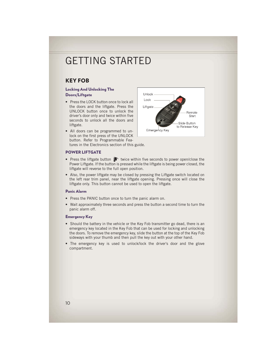 Getting started, Key fob, Locking and unlocking the doors/liftgate | Power liftgate, Panic alarm, Emergency key | Jeep 2013 Grand Cherokee - User Guide User Manual | Page 12 / 148