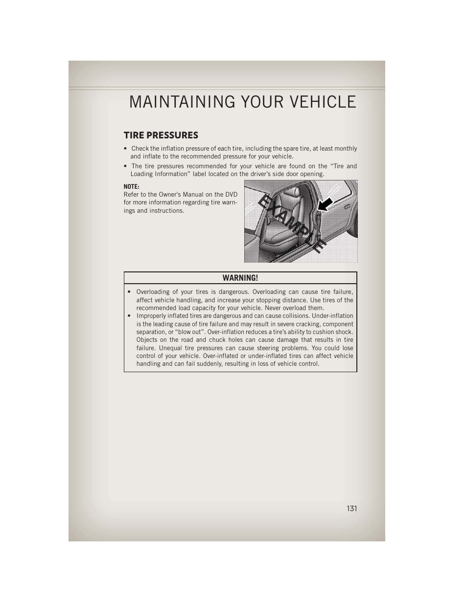 Tire pressures, Maintaining your vehicle | Jeep 2013 Grand Cherokee - User Guide User Manual | Page 133 / 148