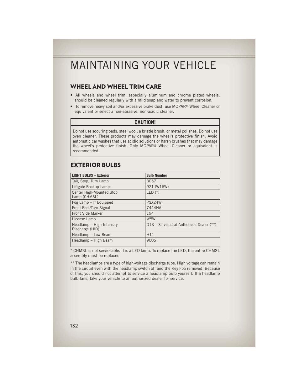 Wheel and wheel trim care, Exterior bulbs, Maintaining your vehicle | Caution | Jeep 2013 Grand Cherokee - User Guide User Manual | Page 134 / 148