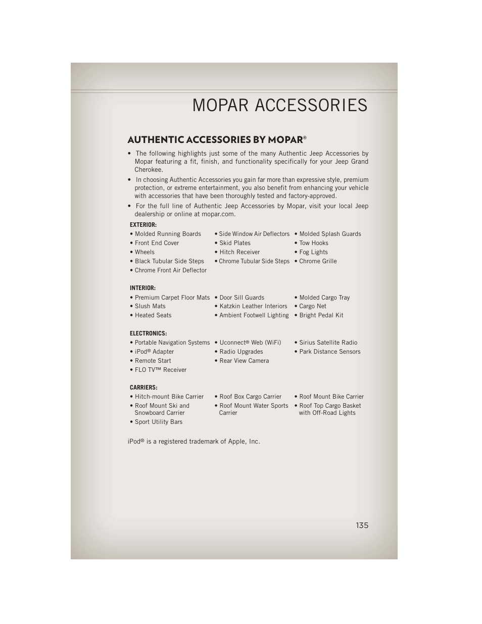 Mopar accessories, Authentic accessories by mopar | Jeep 2013 Grand Cherokee - User Guide User Manual | Page 137 / 148