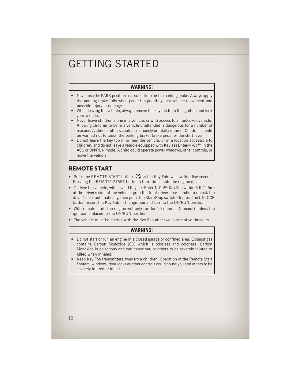 Remote start, Getting started | Jeep 2013 Grand Cherokee - User Guide User Manual | Page 14 / 148