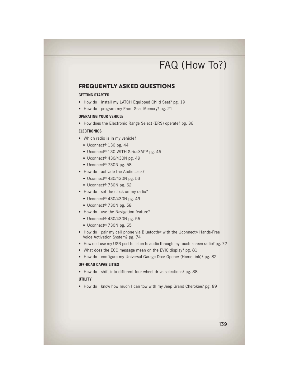 Faq (how to?), Frequently asked questions | Jeep 2013 Grand Cherokee - User Guide User Manual | Page 141 / 148